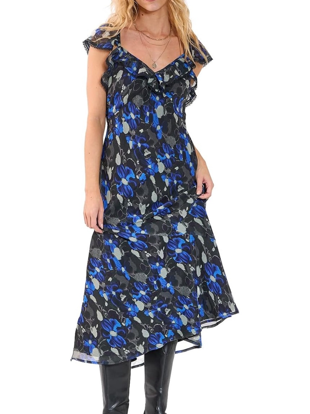 Nasty Gal Blue Floral Ruffle Midi Dress